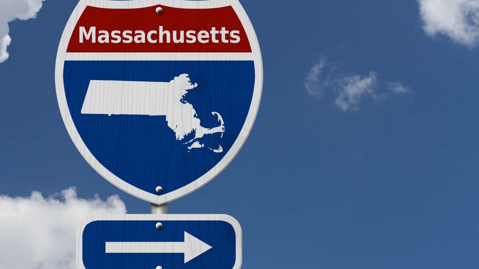 A sign that reads "Massachusetts" with an outline of the state and an arrow pointing to the right - Should I Travel To Massachusetts For Drug Rehab