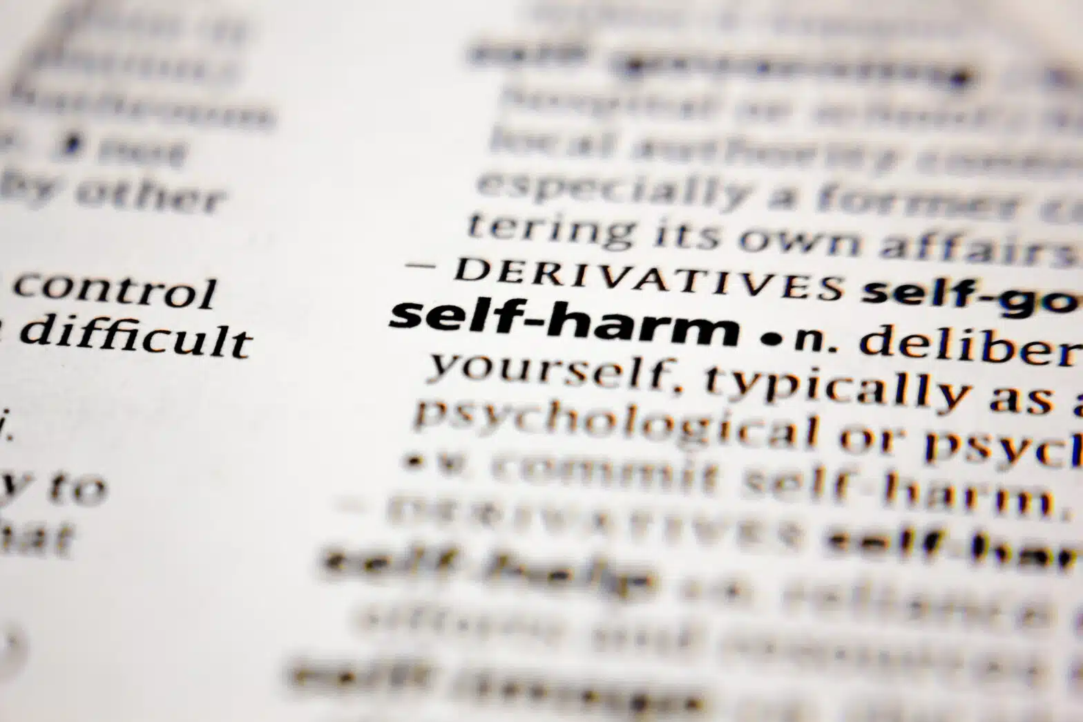 A dictionary page. The words "Self-harm" are visible, but the rest of the page is blurry - Self-Harm (Nonsuicidal Self-Injury Disorder) Overview & Treatment