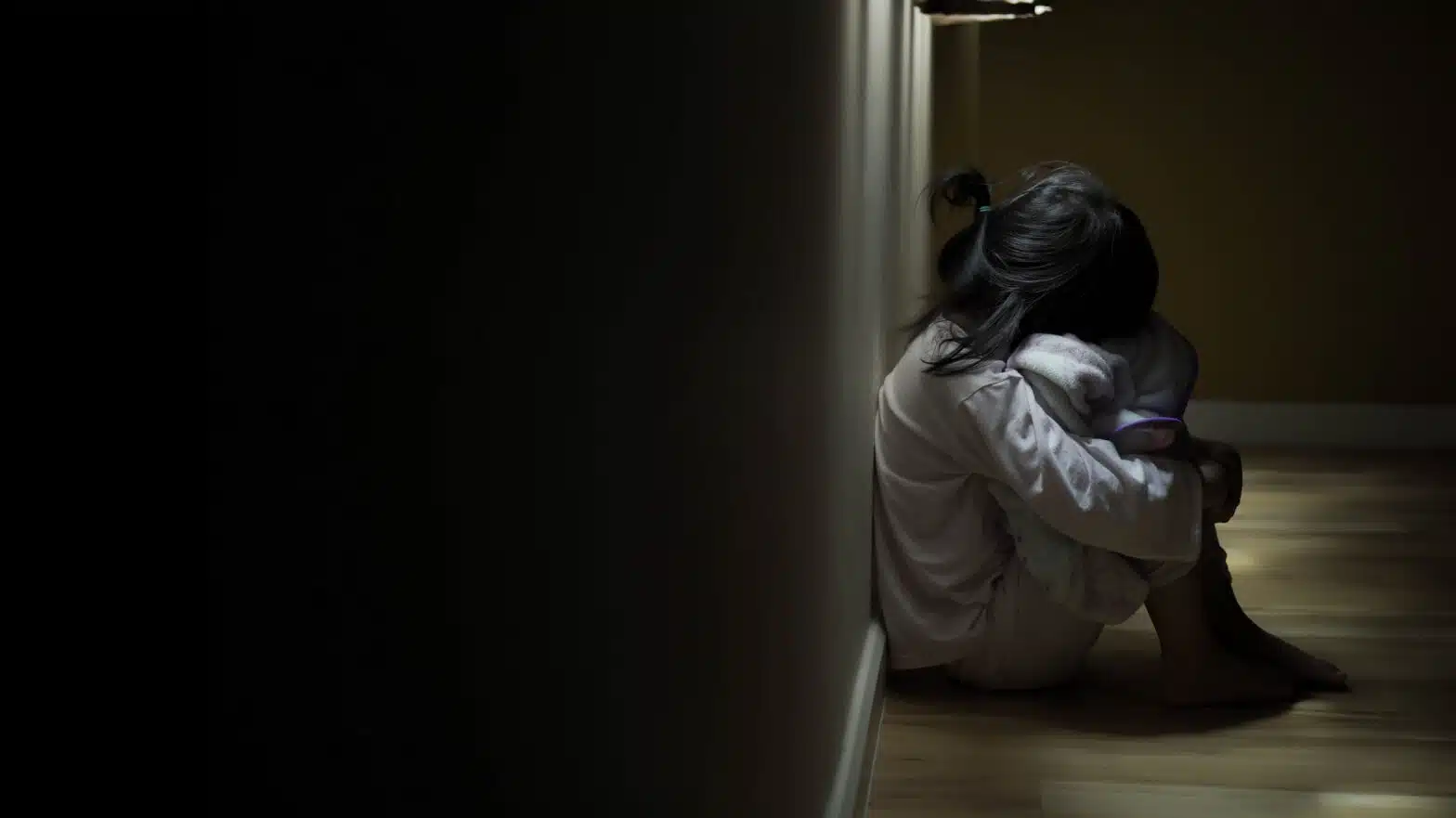 A young girl sits alone on the floor of a dark hallway - Substance Abuse In The Foster Care System